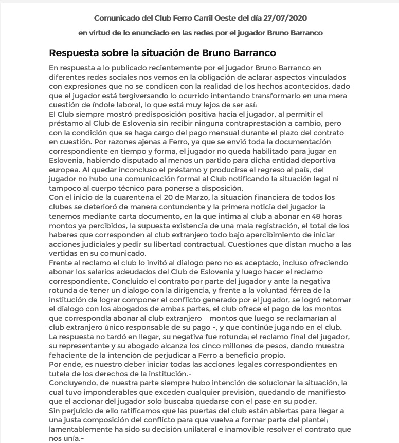 Comunicado del Club Ferro Carril Oeste Comunicado del Club Ferro Carril Oeste